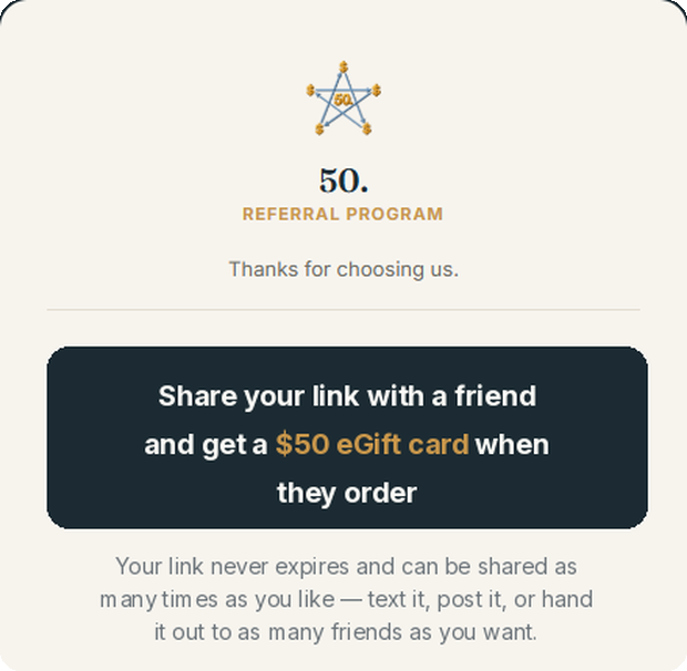 The page a customer sees, with a button to create a referral link
