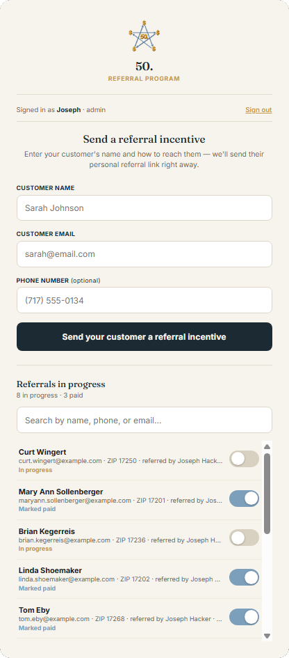 The screen your salesperson uses to send a customer their referral link