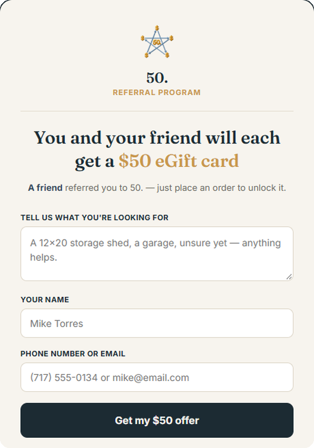 The page a referred friend sees, with the offer and a short form